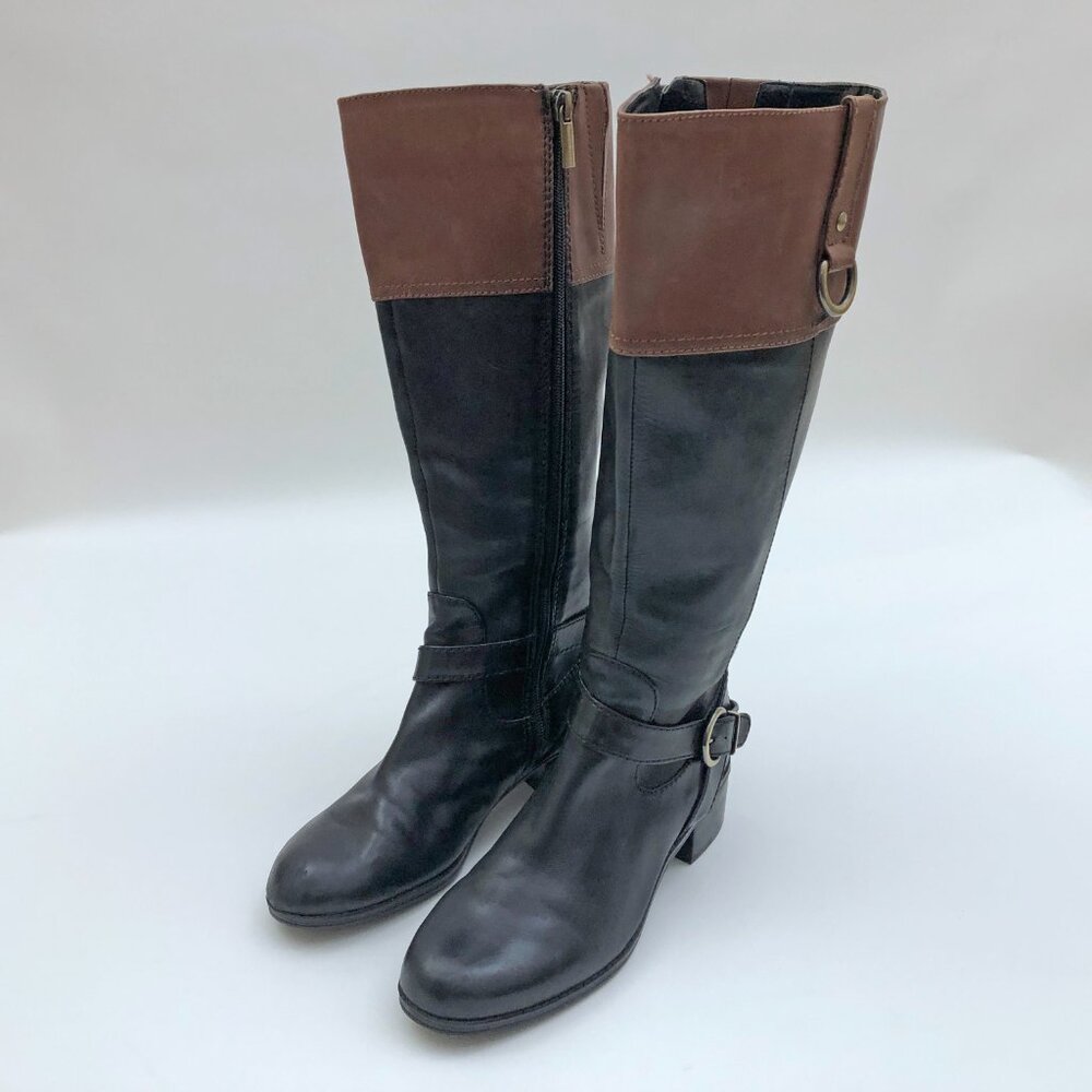EUC Bandolino Carlotta Boots Women Size 5-1/2M Black Brown Leather Knee High